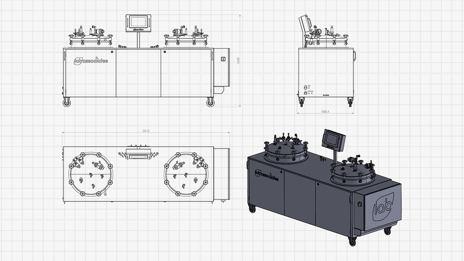 Technische visualisatie van een Premium Media Preparator voor Lab Associates met vooraanzicht, bovenaanzicht, zijaanzicht en 3D-weergave.