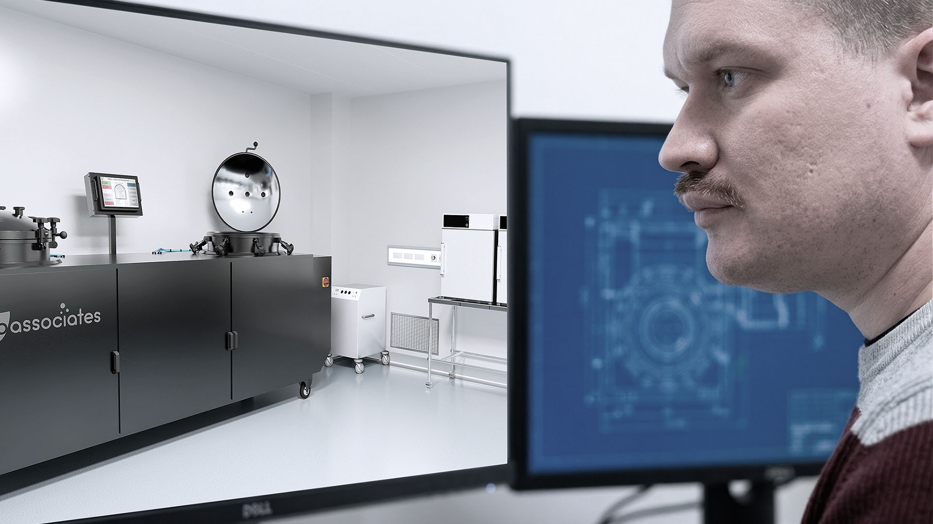 Engineer van ILITAS bekijkt een digital twin van labapparatuur op beeldscherm