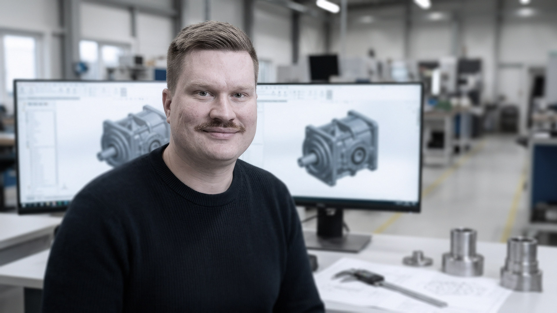 Portret van engineer van ILITAS met CAD-model op scherm op de achtergrond
