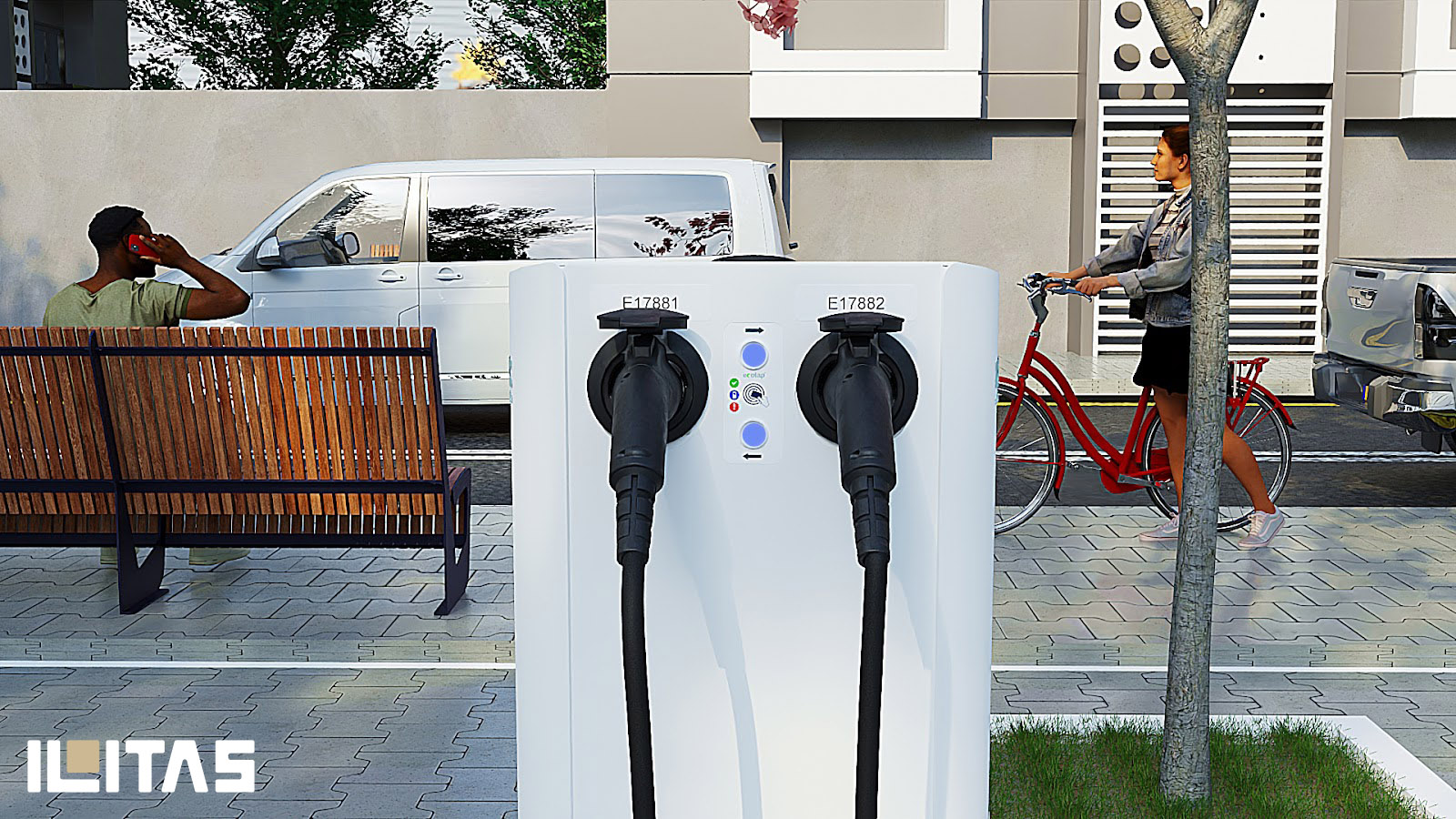 Detail van dubbele laadconnectoren op Ecotap DuoWide
