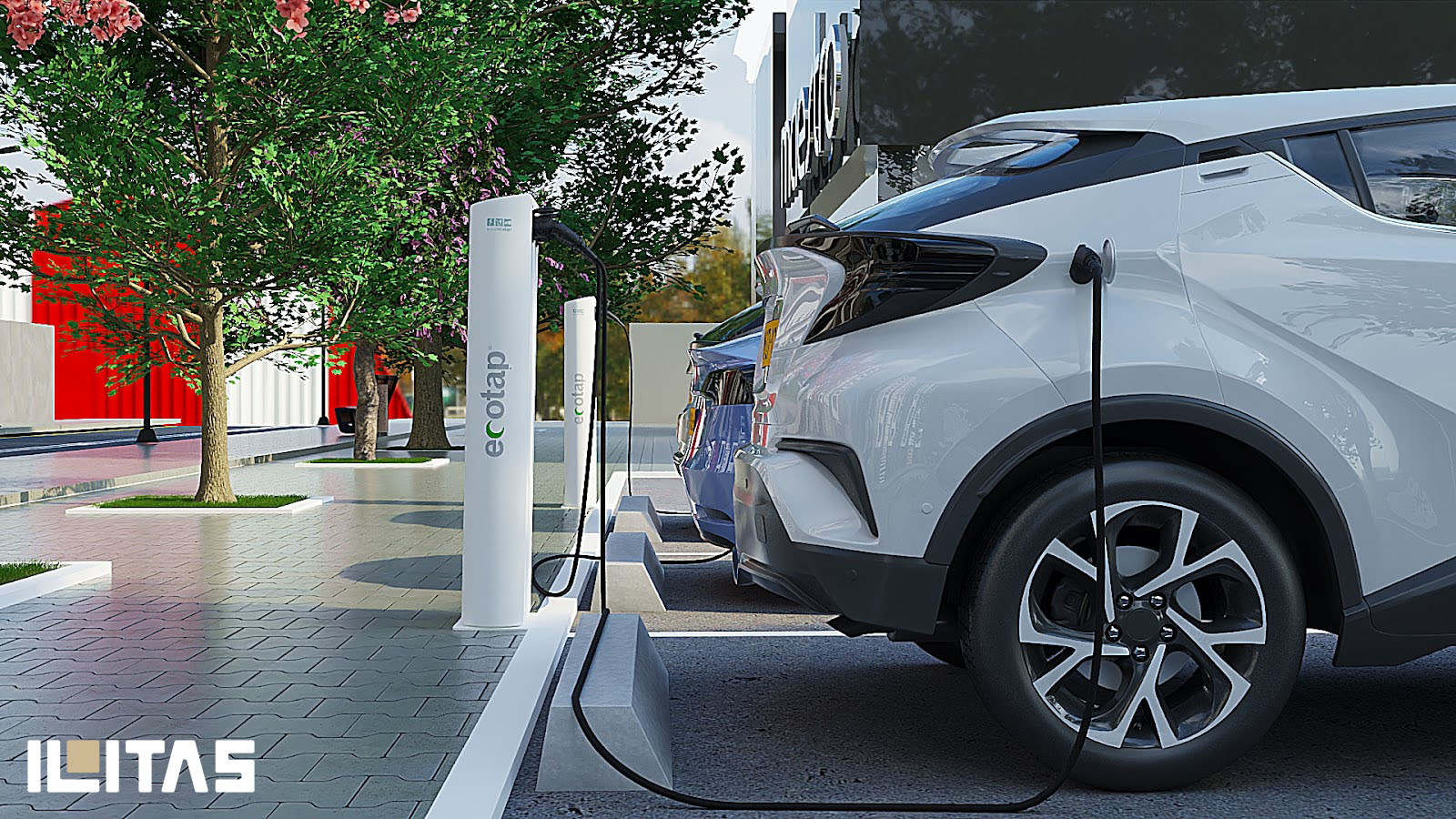 Achteraanzicht van elektrische auto aangesloten op Ecotap DuoWide