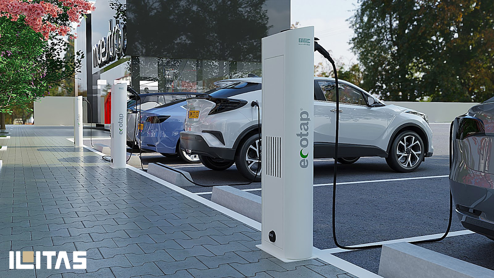Ecotap DuoWide laadpaal geïntegreerd in moderne woonomgeving