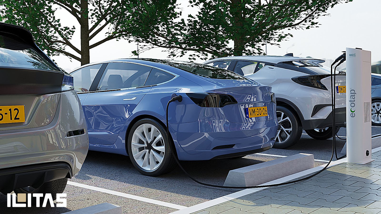 Twee elektrische voertuigen laden via Ecotap DuoWide