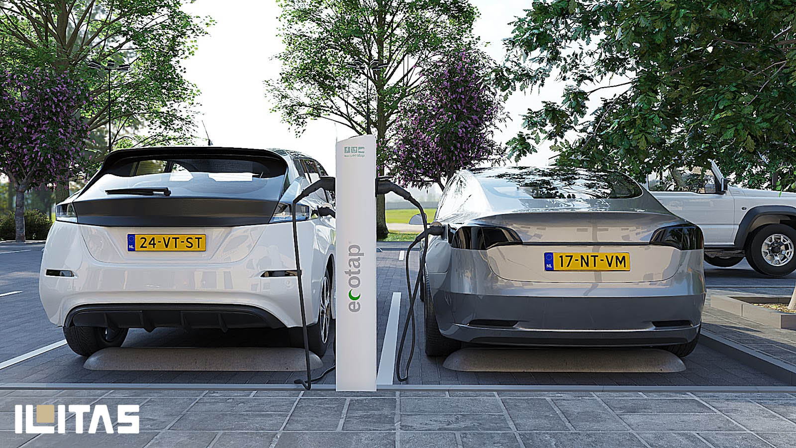 Ecotap DuoWide dubbele EV laadpaal in openbare parkeeromgeving