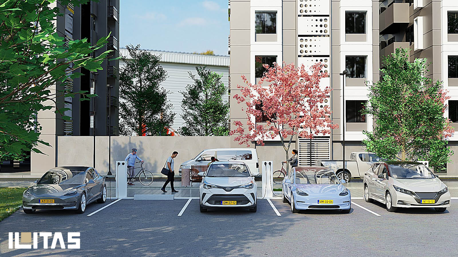 Ecotap DuoWide dubbele laadpaal in stedelijke parkeeromgeving