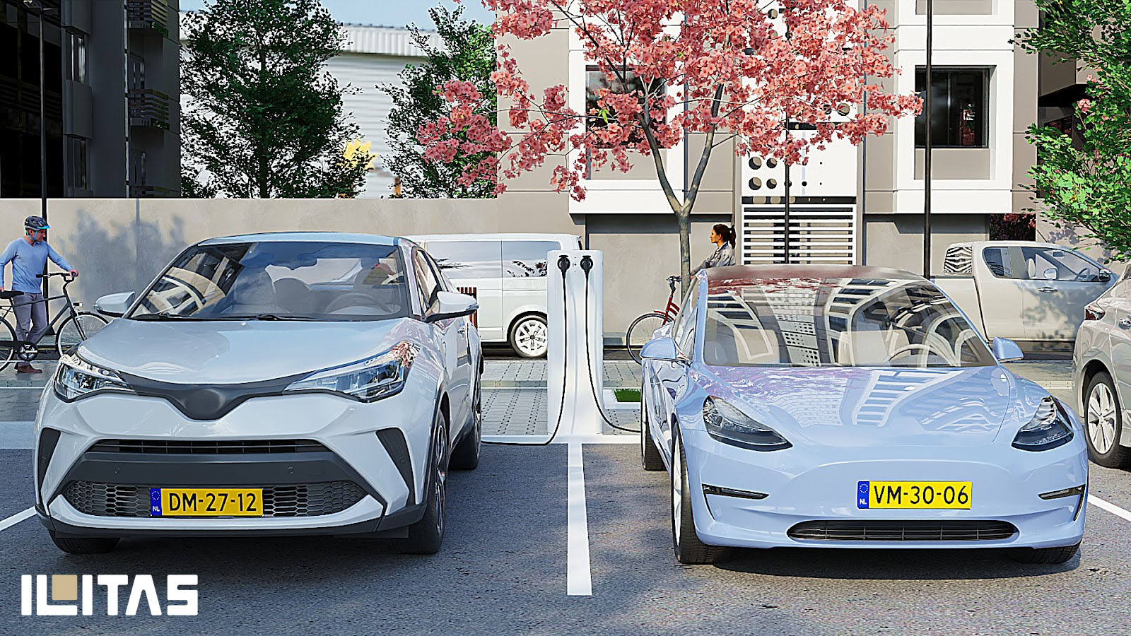 Twee elektrische voertuigen aangesloten op Ecotap DuoWide