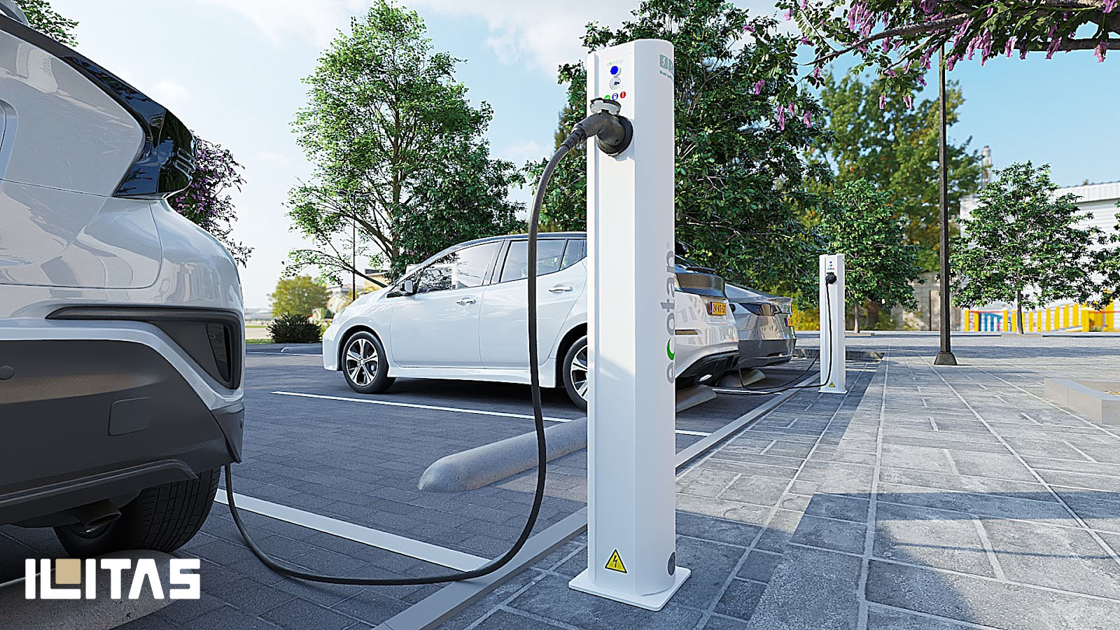 Achteraanzicht van elektrische auto aangesloten op Ecotap Duo