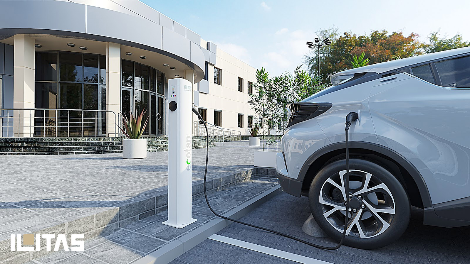 Ecotap Duo laadpaal bij modern kantoorgebouw