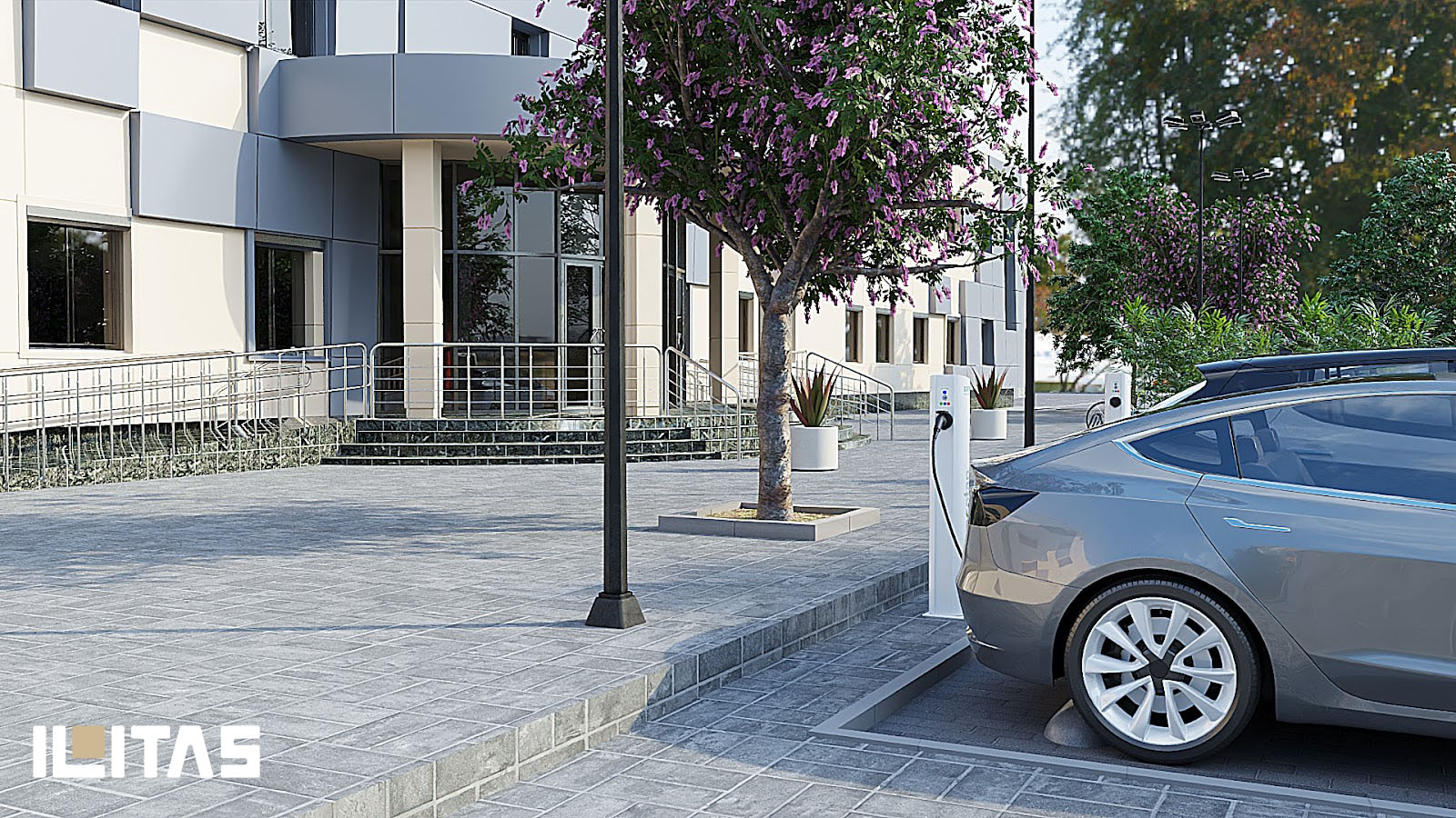 Ecotap Duo laadpaal in stedelijke parkeeromgeving met diepteperspectief