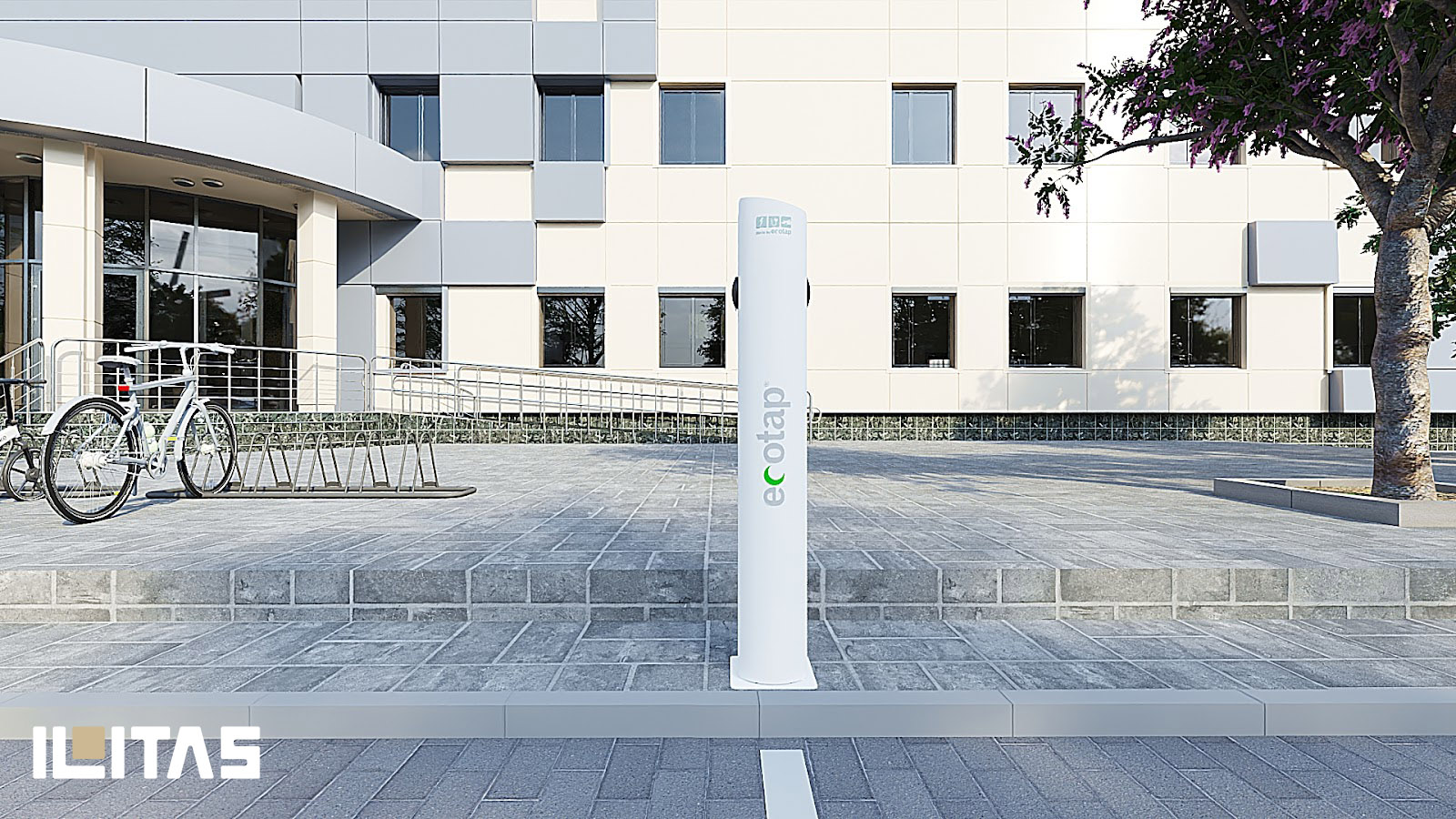 Frontaanzicht van Ecotap Duo AC laadpaal in openbare ruimte