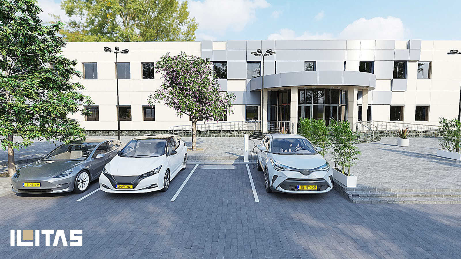 Meerdere elektrische voertuigen rond Ecotap Duo laadpaal
