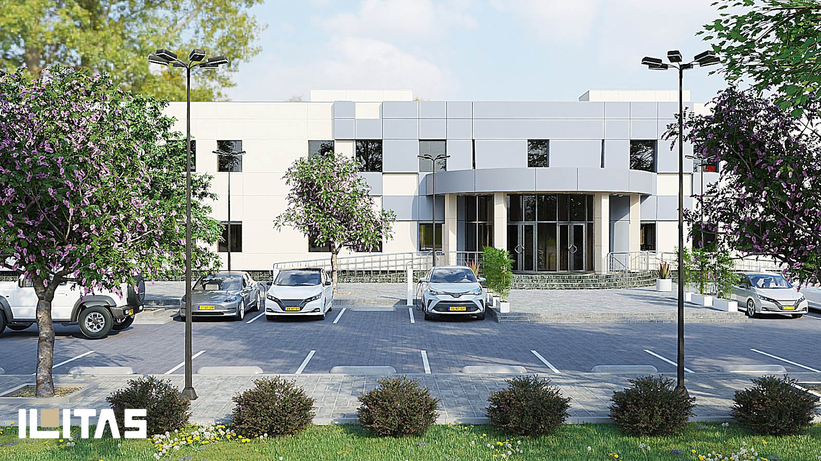 Ecotap Duo laadpaal in openbare parkeeromgeving bij modern kantoorgebouw
