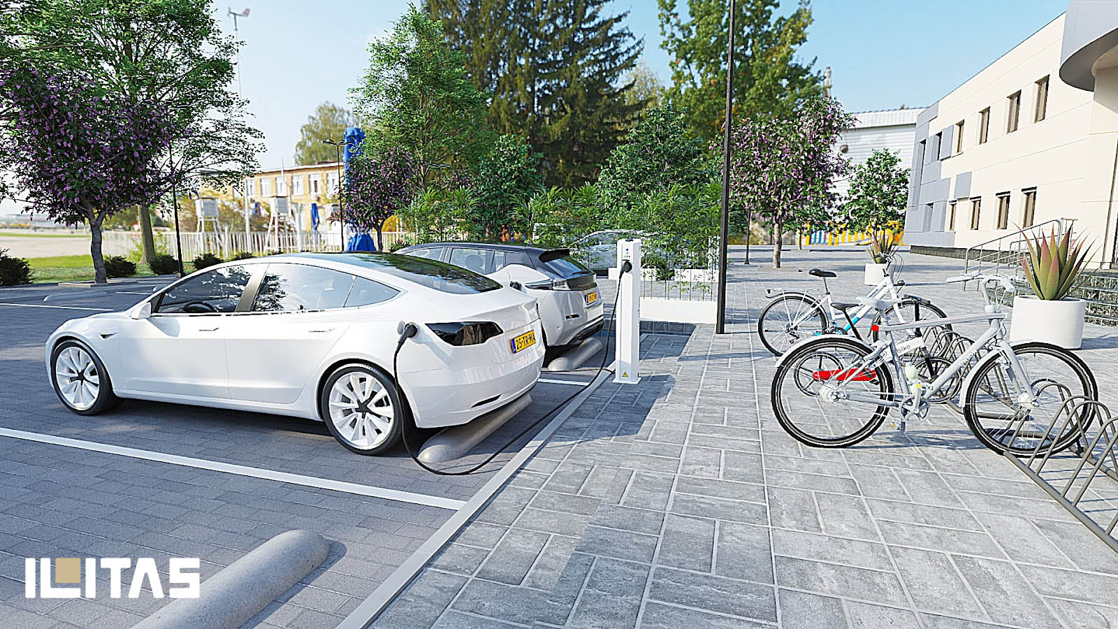 Ecotap Duo laadstation in openbare parkeeromgeving