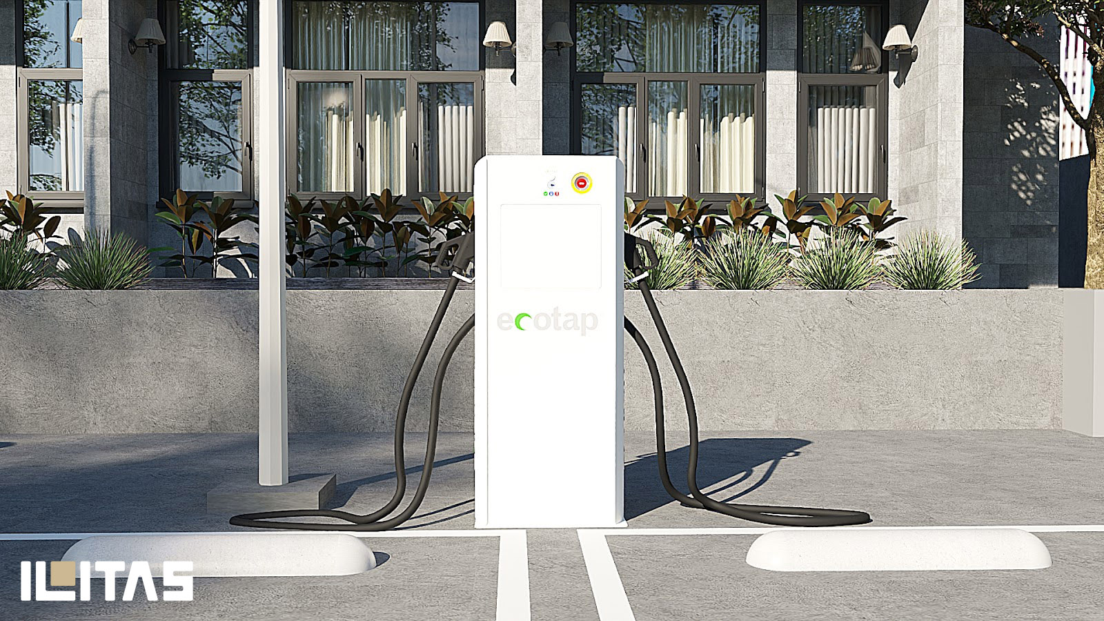 Frontaanzicht van Ecotap DC60 DC snellader in semi-publieke laadomgeving