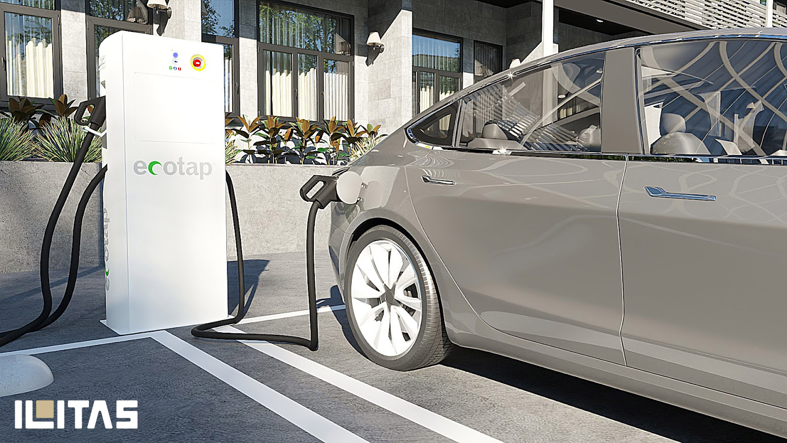 Ecotap DC60 DC snellader aangesloten op elektrische auto in semi publieke omgeving