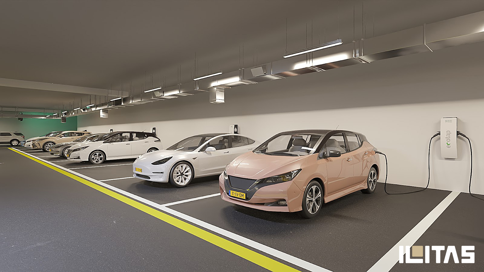 Ecotap Duo wallchargers in brede parkeergarage visualisatie