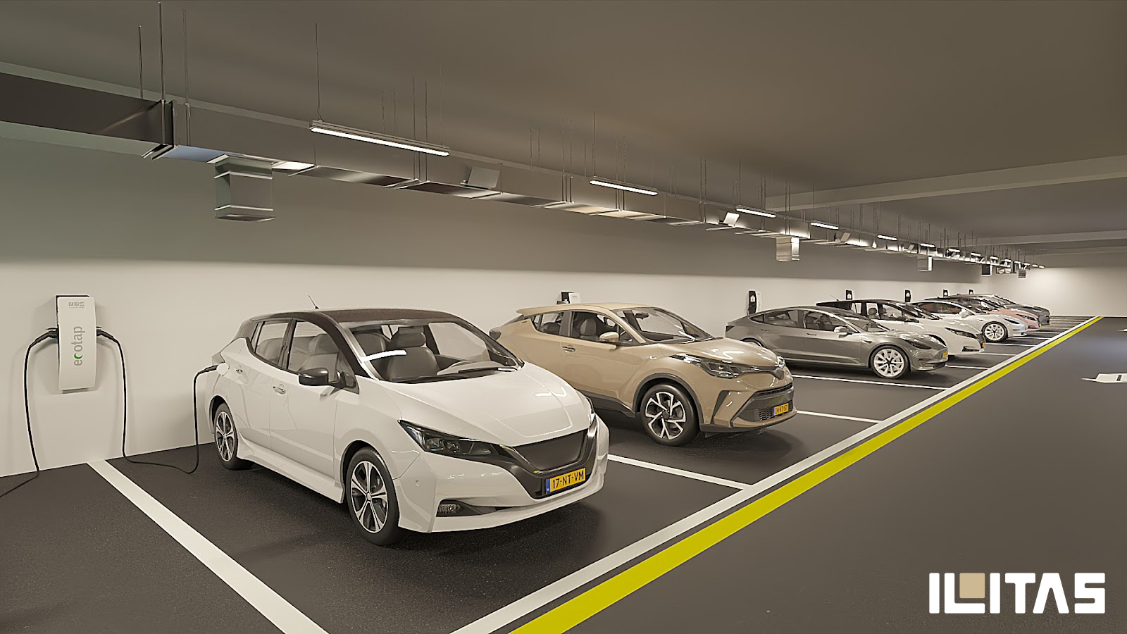 Elektrische auto opgeladen via Ecotap Duo wallcharger in garage