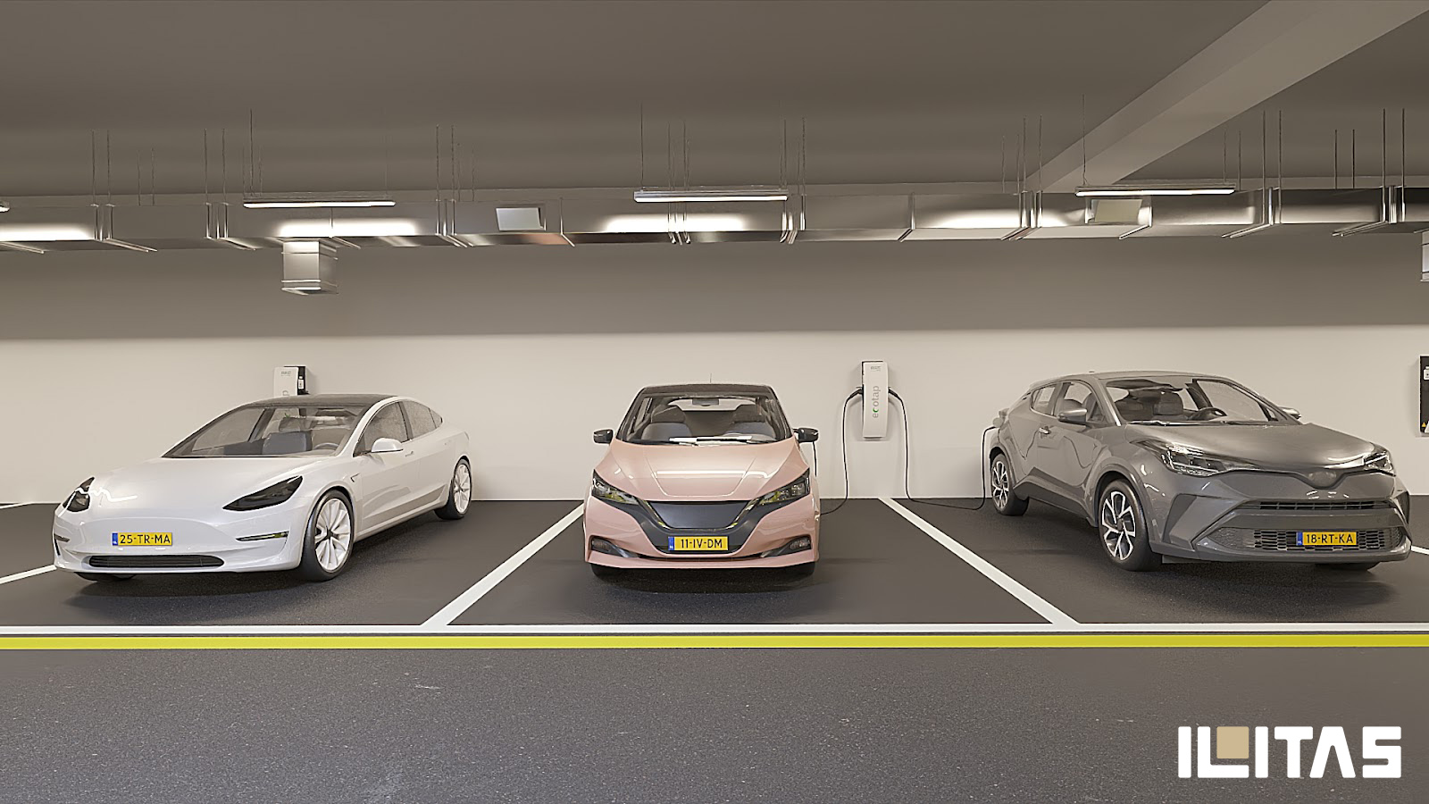 Laadlijn met Ecotap Duo wallchargers in parkeergarage
