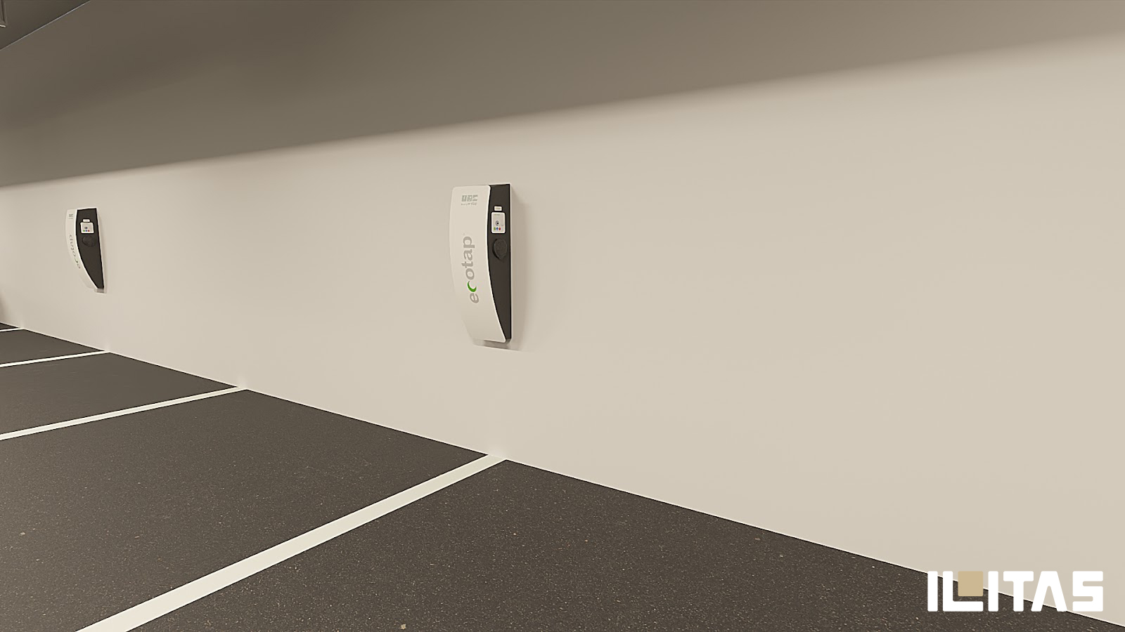 Ecotap Duo wallcharger geïnstalleerd op lege parkeerplaats