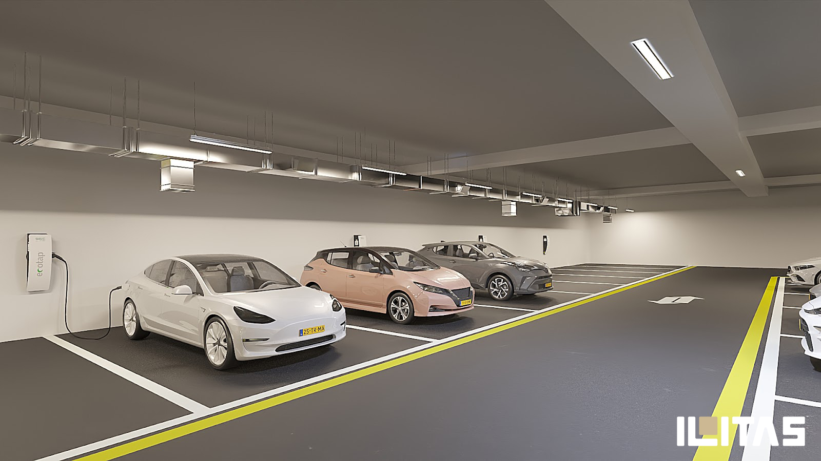 Rij Ecotap Duo wallchargers in ondergrondse garage