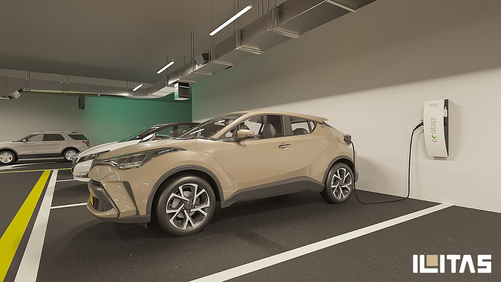 Ecotap Duo wallbox in parkeergarage met diepteperspectief