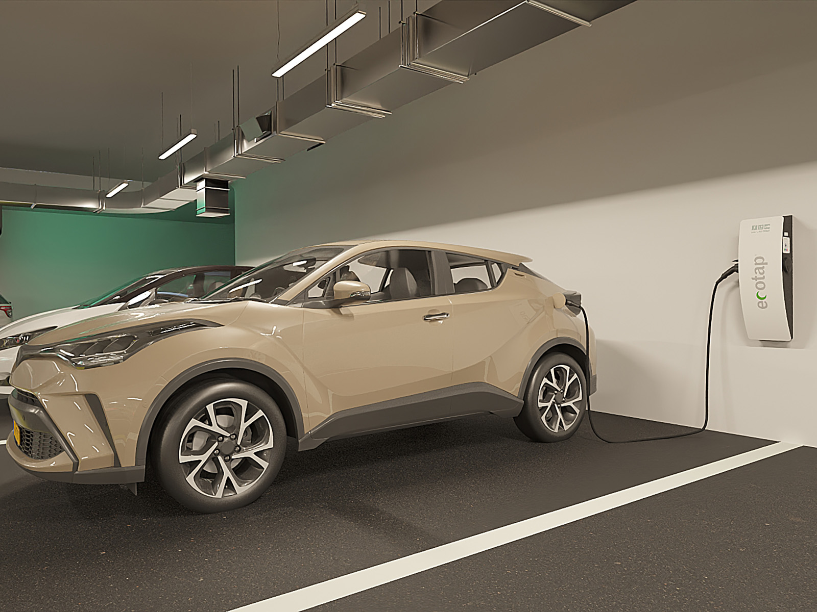 Ecotap Duo Wallcharger EV-laadpaal gemonteerd in garage – fotorealistische 3D-visualisatie