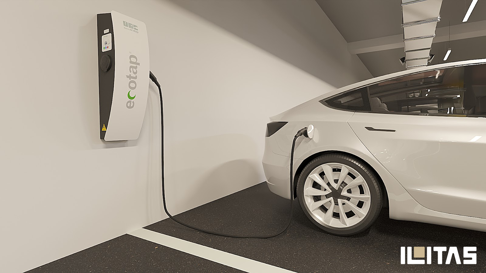 Ecotap Duo Wallcharger gemonteerd in parkeergarage naast elektrische auto