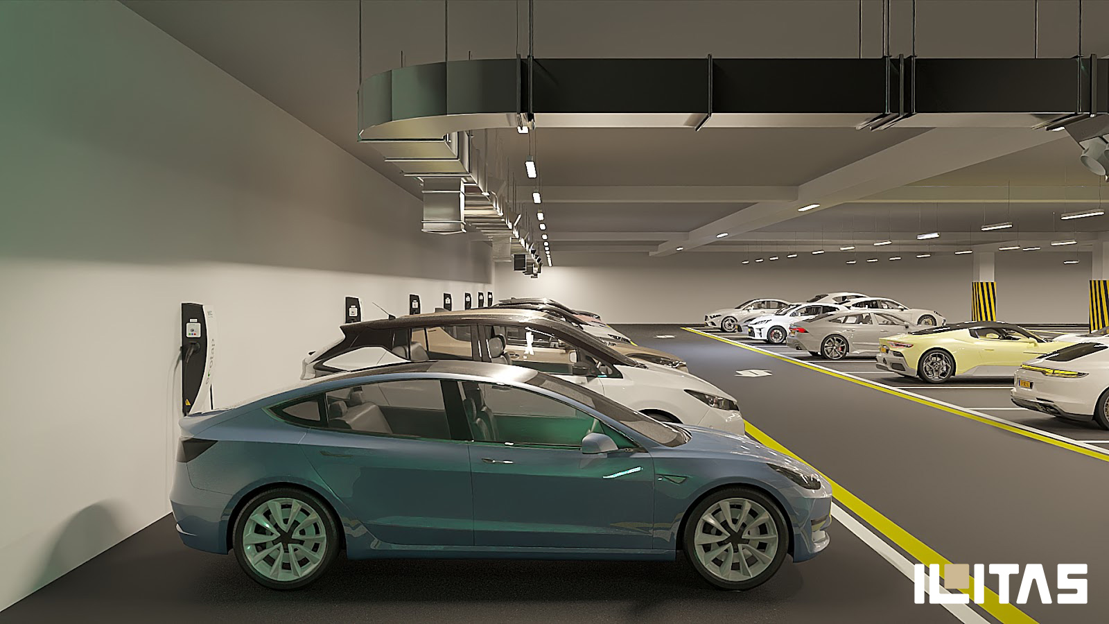 Ecotap Duo EV wallbox in semi-publieke parkeergarage omgeving