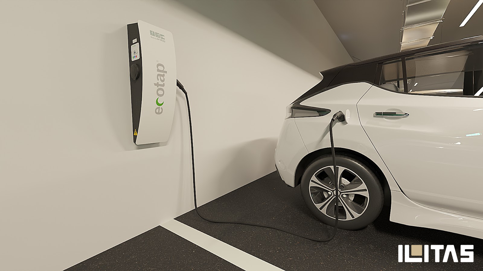 Hoekaanzicht van Ecotap Duo EV wallbox