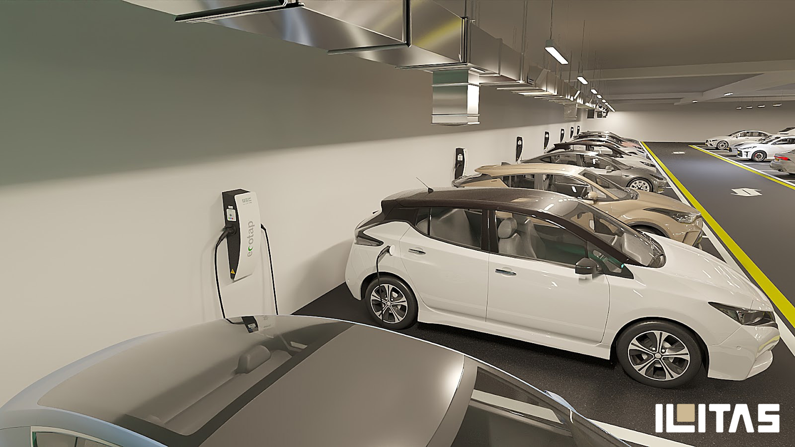 Ecotap Duo laadpaal in ondergrondse parkeergarage met elektrische voertuigen