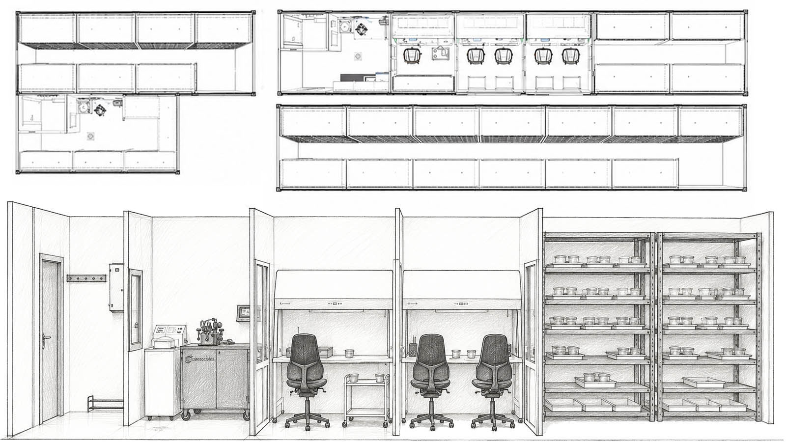 2D ruimtelijke indeling van een Lab Associates container, ontworpen door ILITAS.