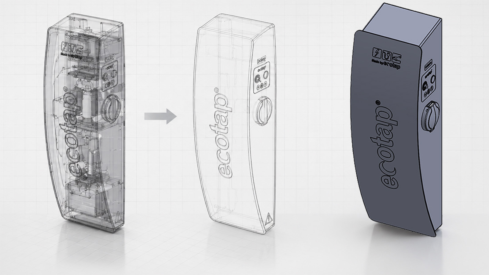Van technisch CAD-model naar geoptimaliseerd visualisatiemodel van de Ecotap Duo Wallcharger.