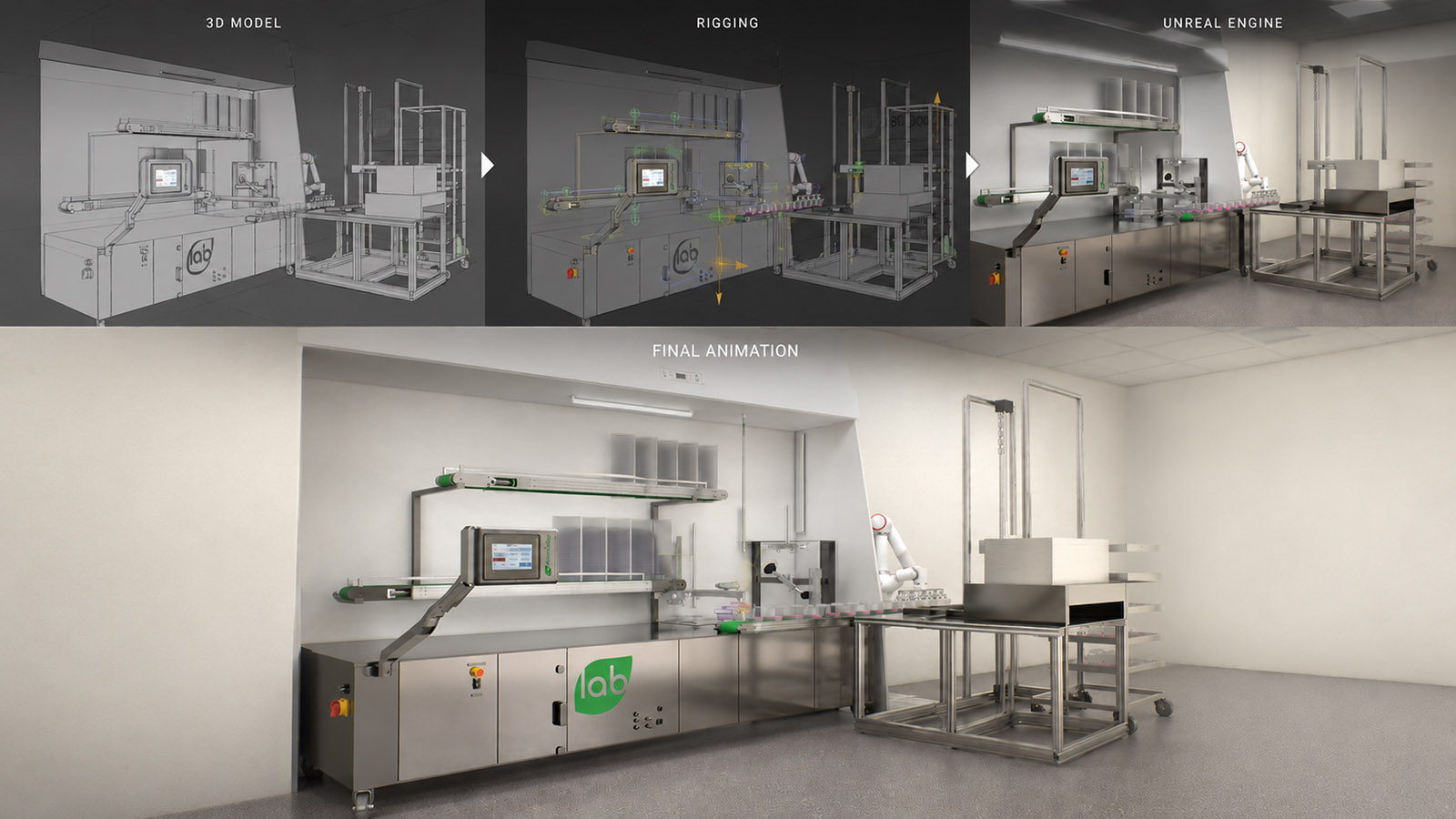 Workflow van 3D-model naar realistische animatie van de High Speed Media Dispenser.