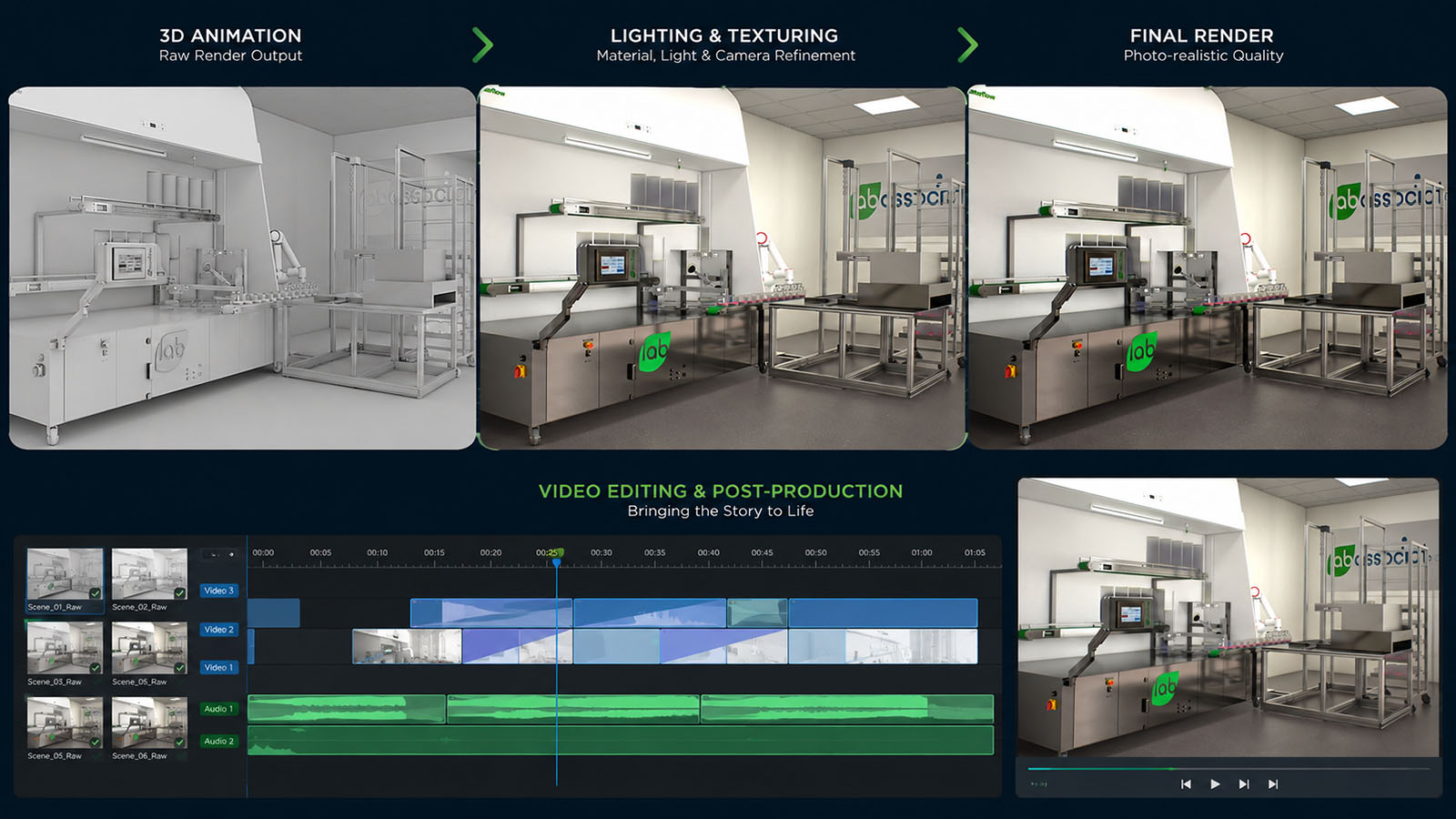 Fotorealistische rendering en videoproductie van de Lab Associates High Speed Media Dispenser.